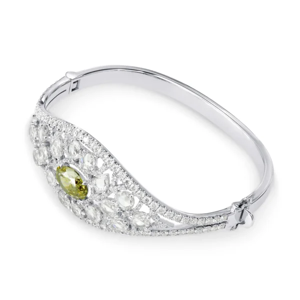Extraordinary Grayish Greenish Yellow Oval & Rose-cut Diamond Bangle – Image 3