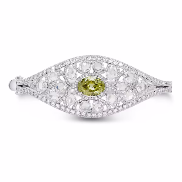 Extraordinary Grayish Greenish Yellow Oval & Rose-cut Diamond Bangle