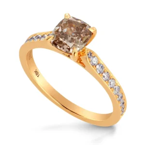 Fancy Brown Cushion & Pave Side-stone Diamond Ring