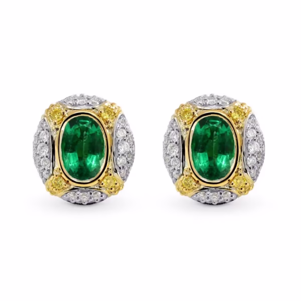 Oval Emerald and Fancy Intense Yellow Diamond Earrings - Image 2