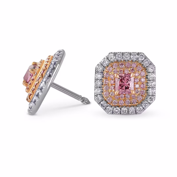 Exceptional Fancy Deep Pink Radiant Triple Halo Diamond Earrings GIA