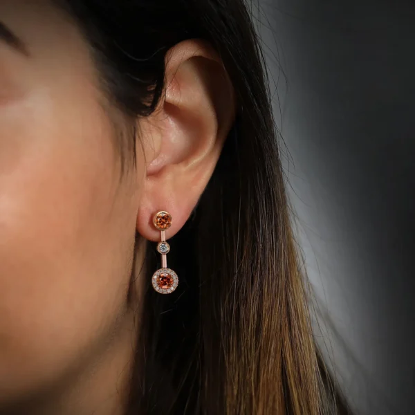 Round Orange Diamond Halo Drop Earrings GIA - Image 3