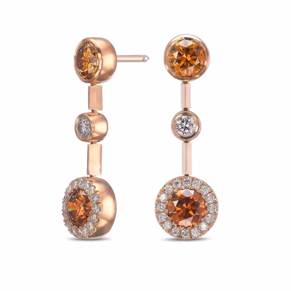 Round Orange Diamond Halo Drop Earrings GIA - Image 2