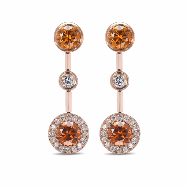 Round Orange Diamond Halo Drop Earrings GIA