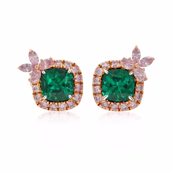 Cushion "No Oil" Muzo Emerald & Argyle Pink Diamond Stud Earrings SSEF