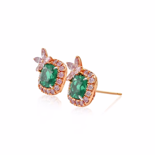Cushion "No Oil" Muzo Emerald & Argyle Pink Diamond Stud Earrings SSEF - Image 2