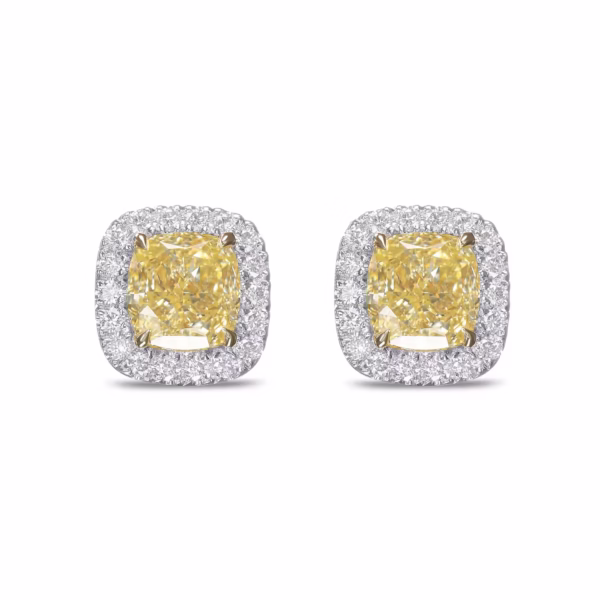 Fancy Light Yellow Cushion Halo Earrings - Image 2