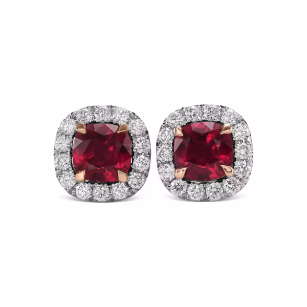Cushion Ruby and Diamond Halo Earrings