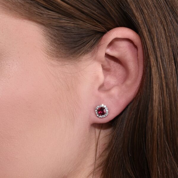 Cushion Ruby and Diamond Halo Earrings - Image 3