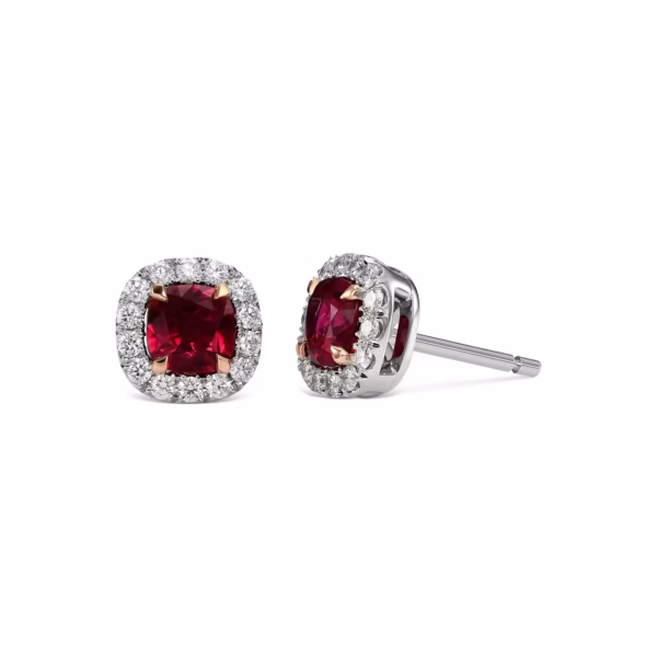 Cushion Ruby and Diamond Halo Earrings - Image 2