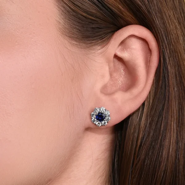 Round Blue Sapphire and Diamond Halo Earrings – Image 3