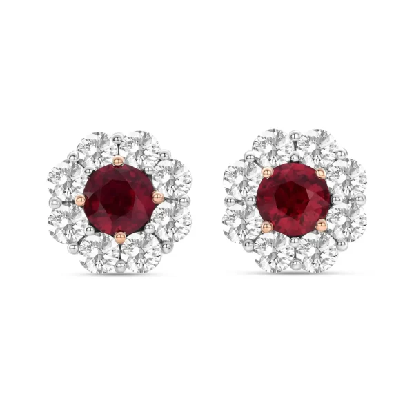 Mozambique Pigeon Blood Ruby & Diamond Floral Halo Earrings - Image 2